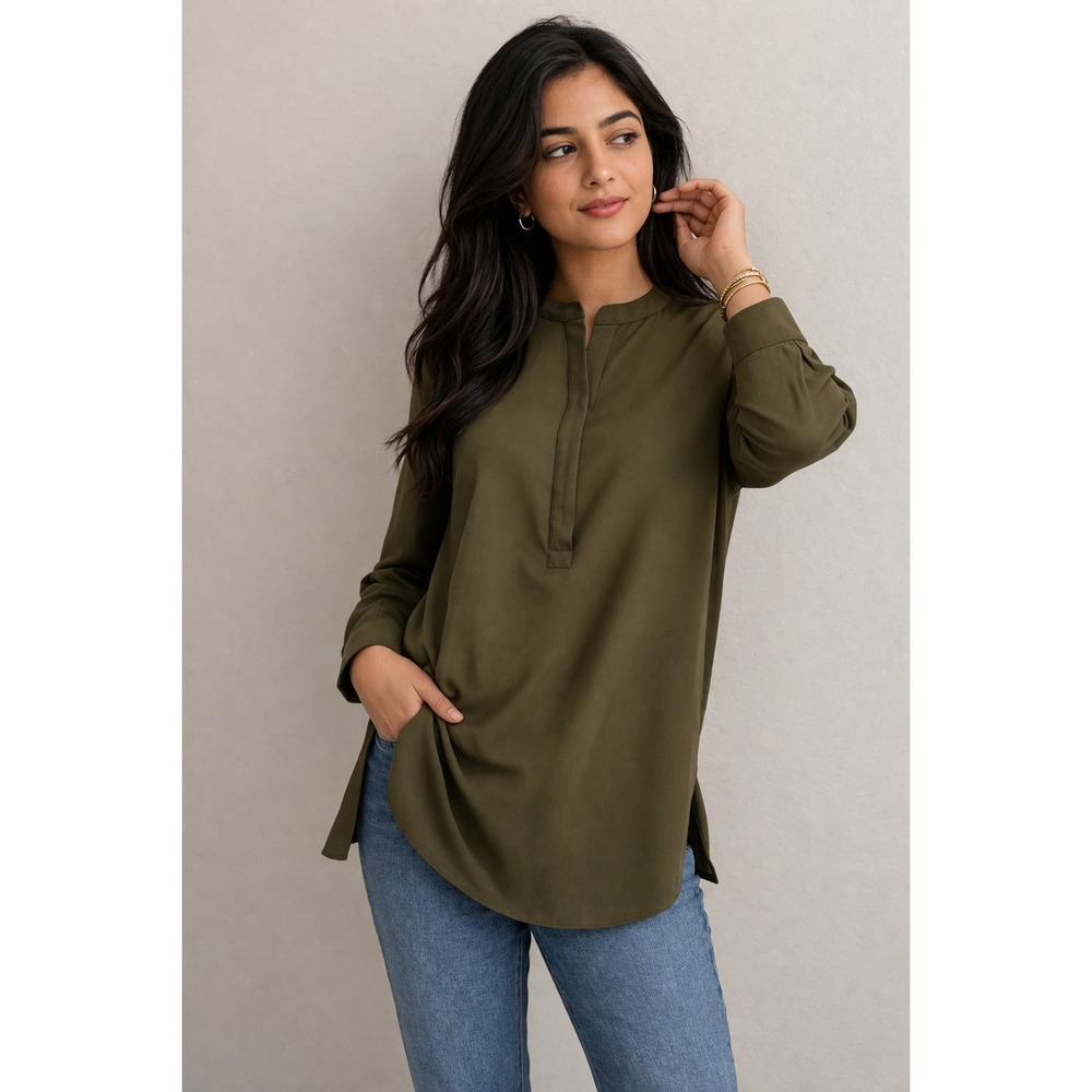 Elie Tahari Olive Green Mandarin Collar Long Sleeve Tunic Blouse Top Size Large